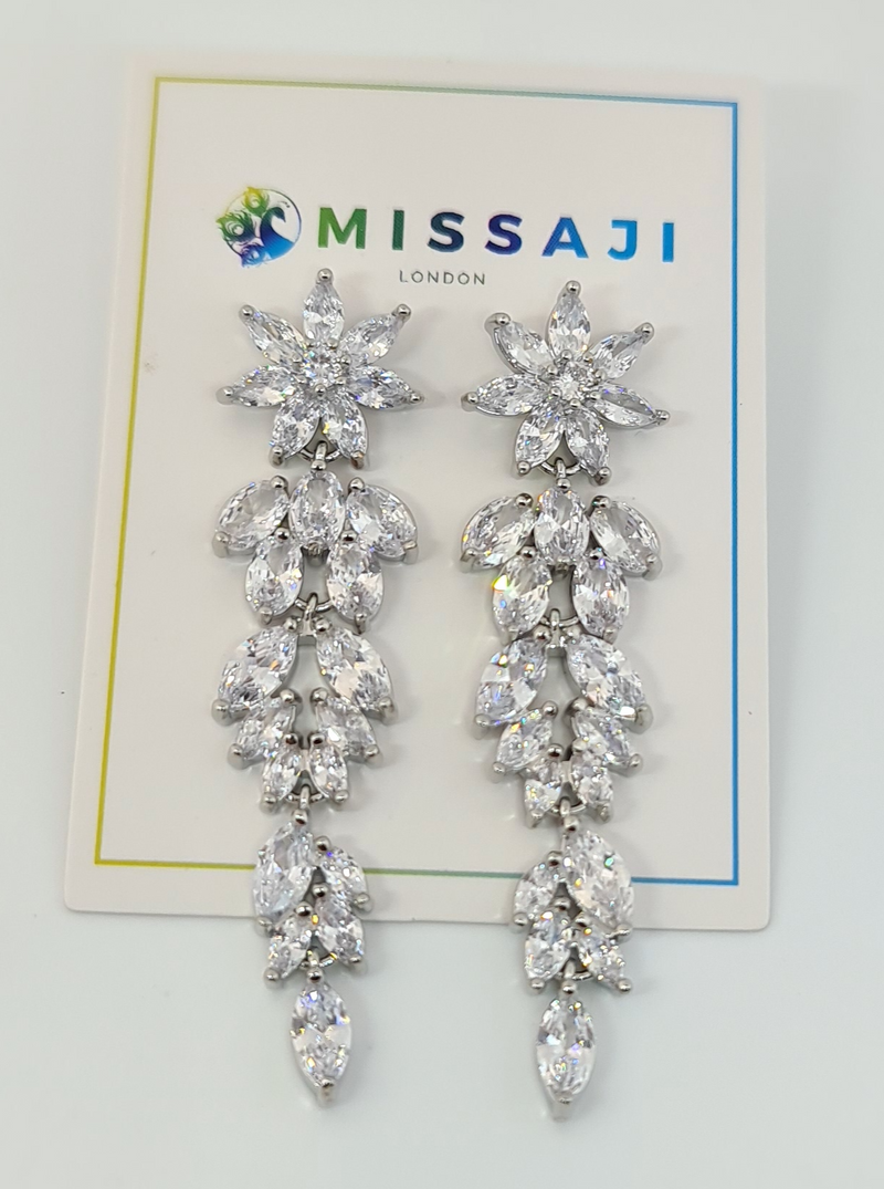 Missaji Silver Star Leaf Drop Down Bridal Earrings