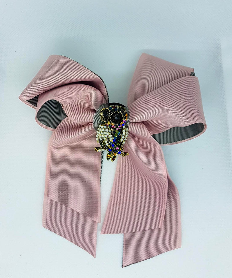 Missaji pink and grey fabric owl diamante brooch