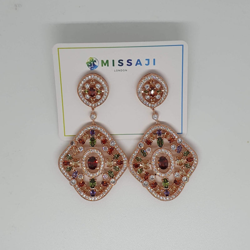 Missaji Diamond Shaped Diamante Statement Earrings