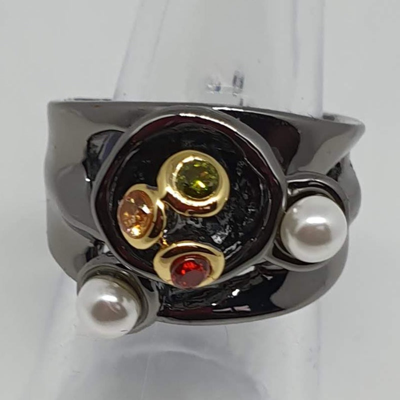 Missaji black multicolour diamante ring with pearls