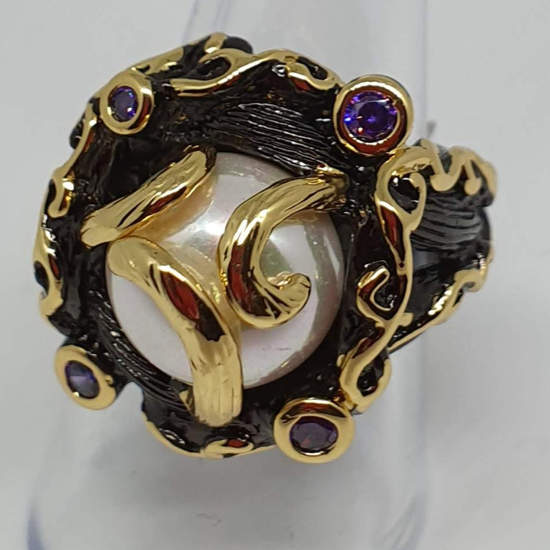 Missaji fitted Large Pearl stone black purple and gold fashion cocktail ring