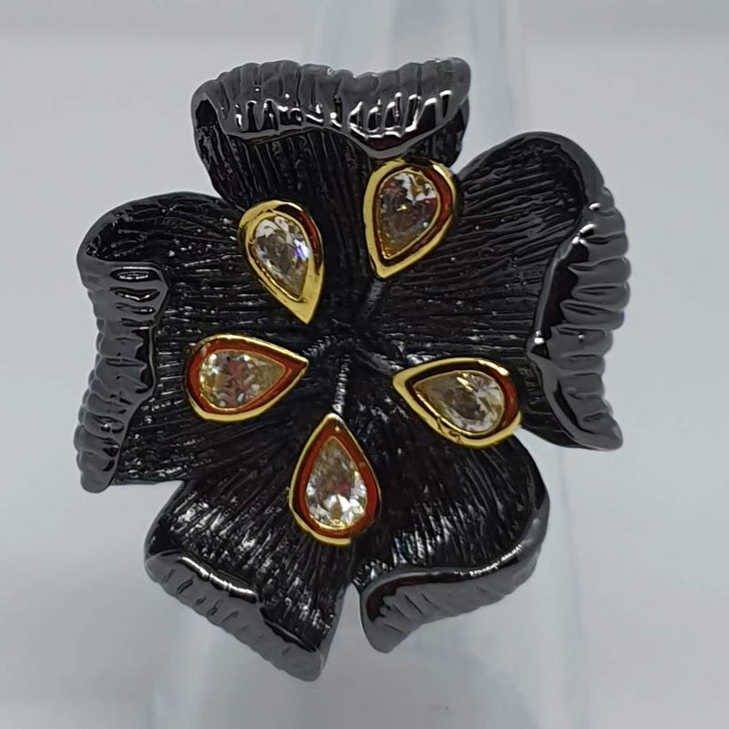 Missaji Lotus Flower black stunning cocktail fashion ring