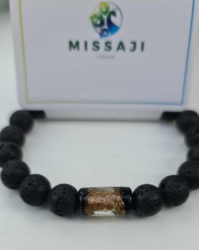 Missaji Black Men Larva Stone Bead Handmade Elastic Bracelet