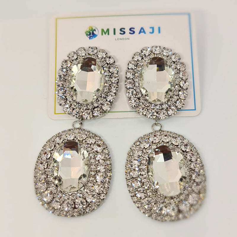 Missaji Silver Double Oval shaped Dangle Earrings