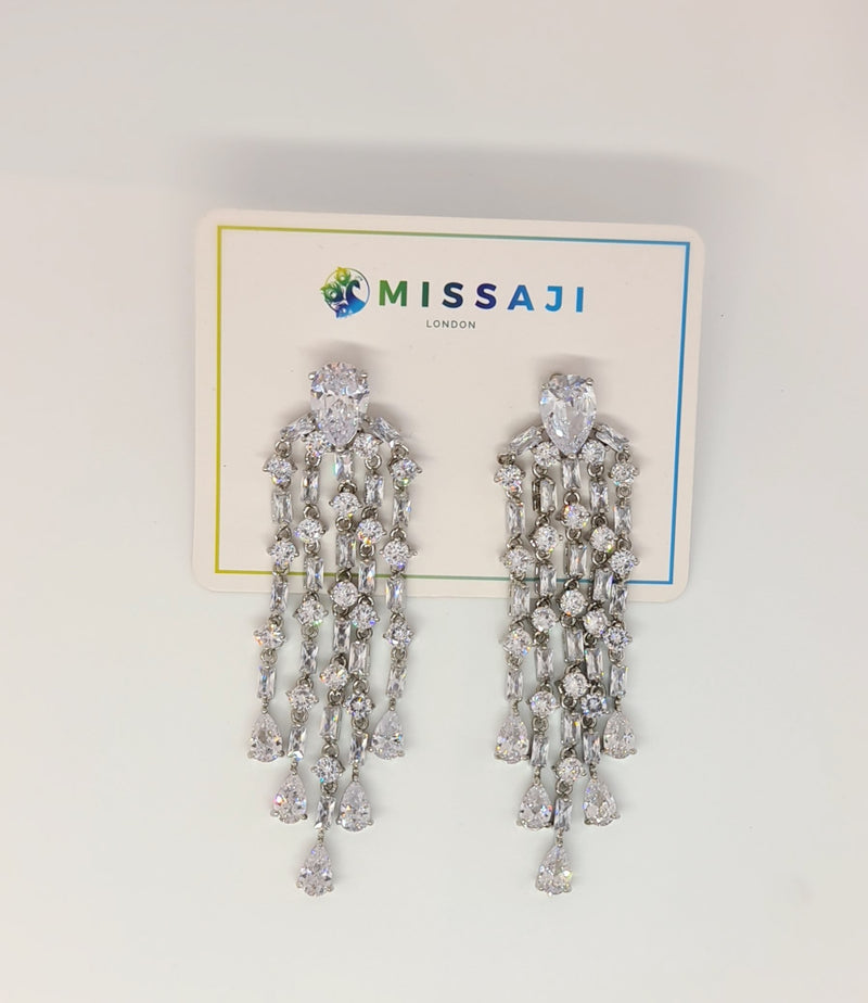 Missaji Diamante Five row silver Bridal Drop Down Fashion Earrings