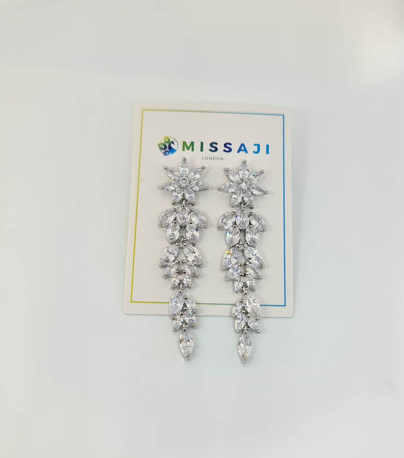 Missaji Silver Star Leaf Drop Down Bridal Earrings