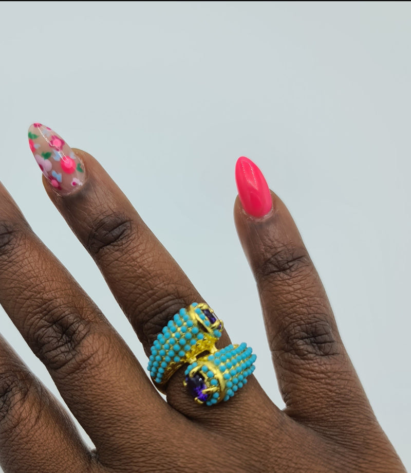 Missaji New Design Turquoise and Purple crystal yellow Fashion Ring