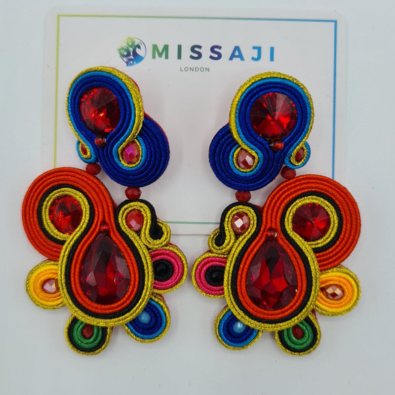 Missaji Red Blue and Yellow Felt Back Embroidered Stud Earring