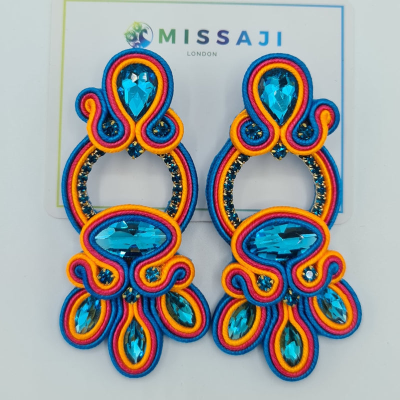 Missaji Trendy Ethnic style Blue and orange Luxury Earrings