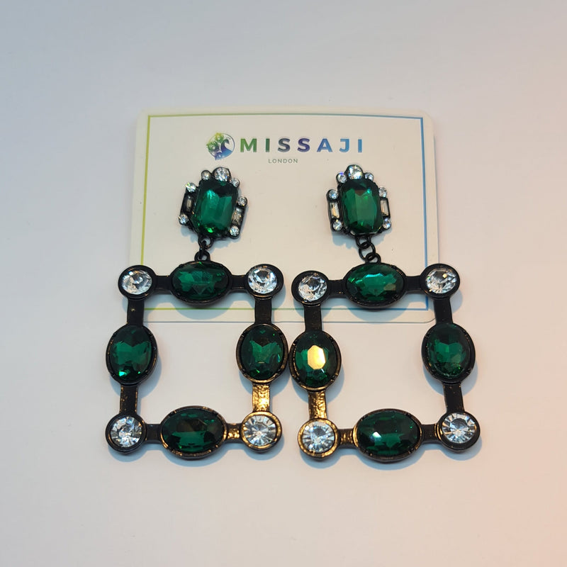 Missaji Black Green and Diamante Square Earrings