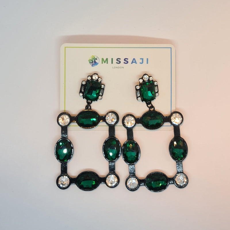 Missaji Black Green and Diamante Square Earrings