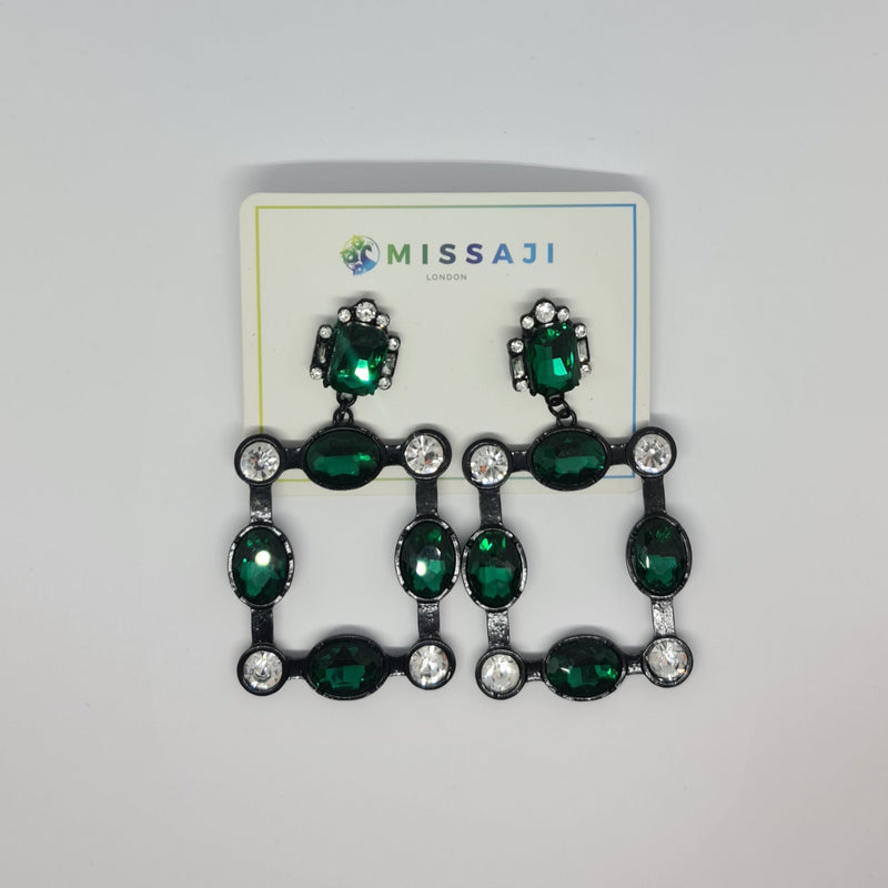 Missaji Black Green and Diamante Square Earrings