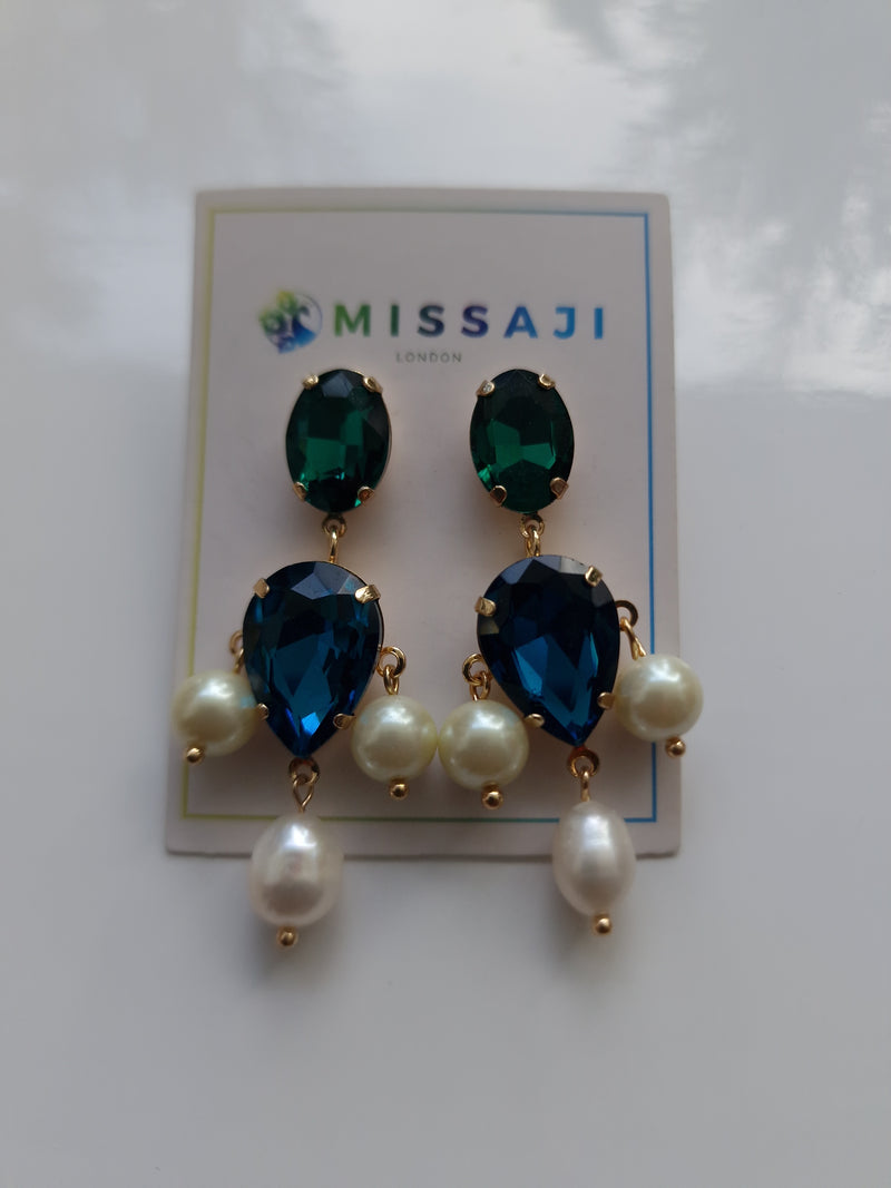 Multi colour tear drop earrings in diamante and pearl