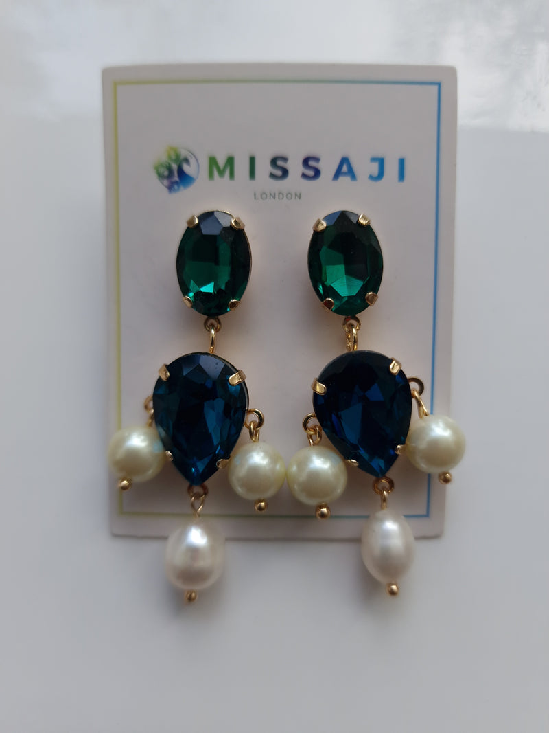 Multi colour tear drop earrings in diamante and pearl