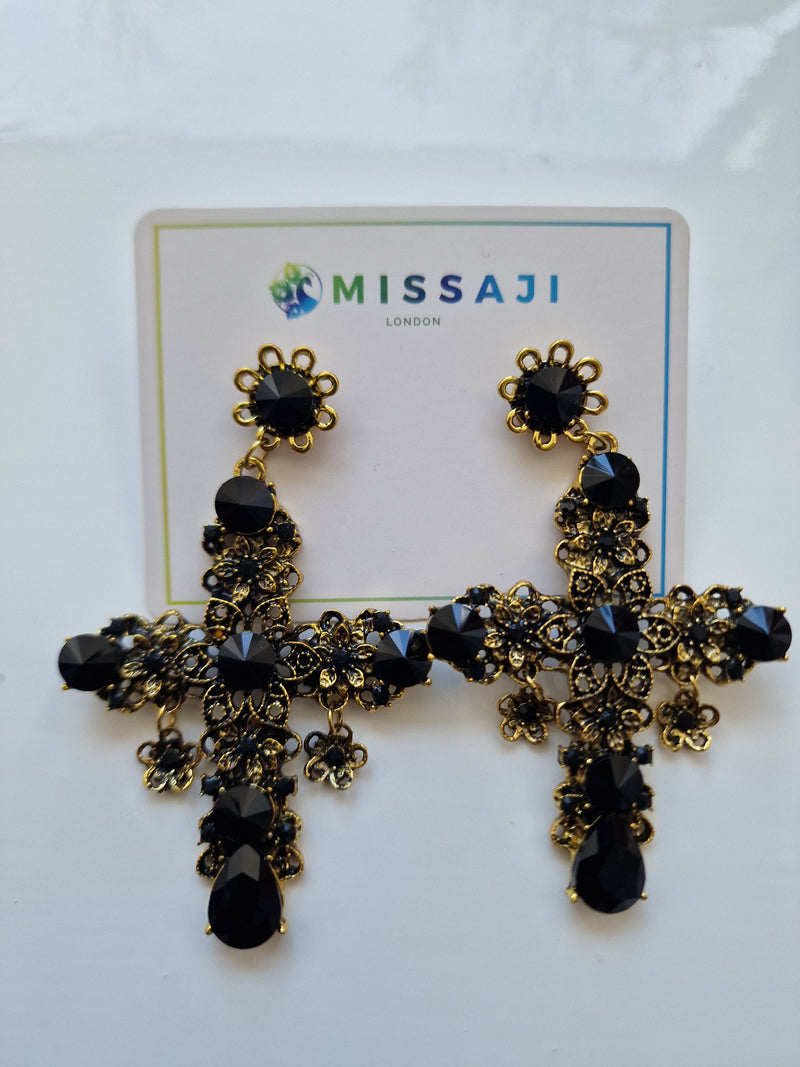 Black and gold cross earrings