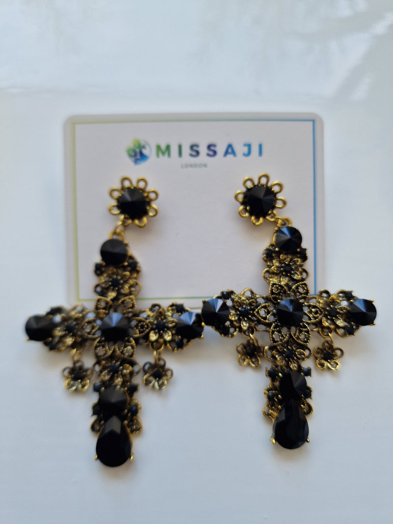 Black and gold cross earrings