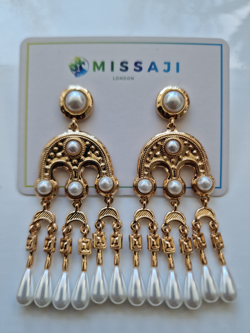 Egyptian style drop gold and white pearl drop earrings