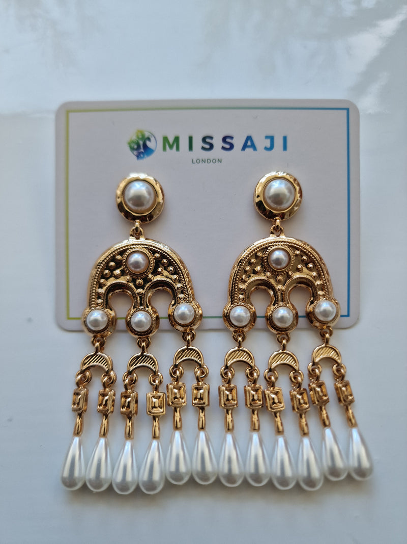 Egyptian style drop gold and white pearl drop earrings