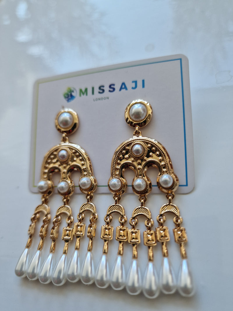 Egyptian style drop gold and white pearl drop earrings