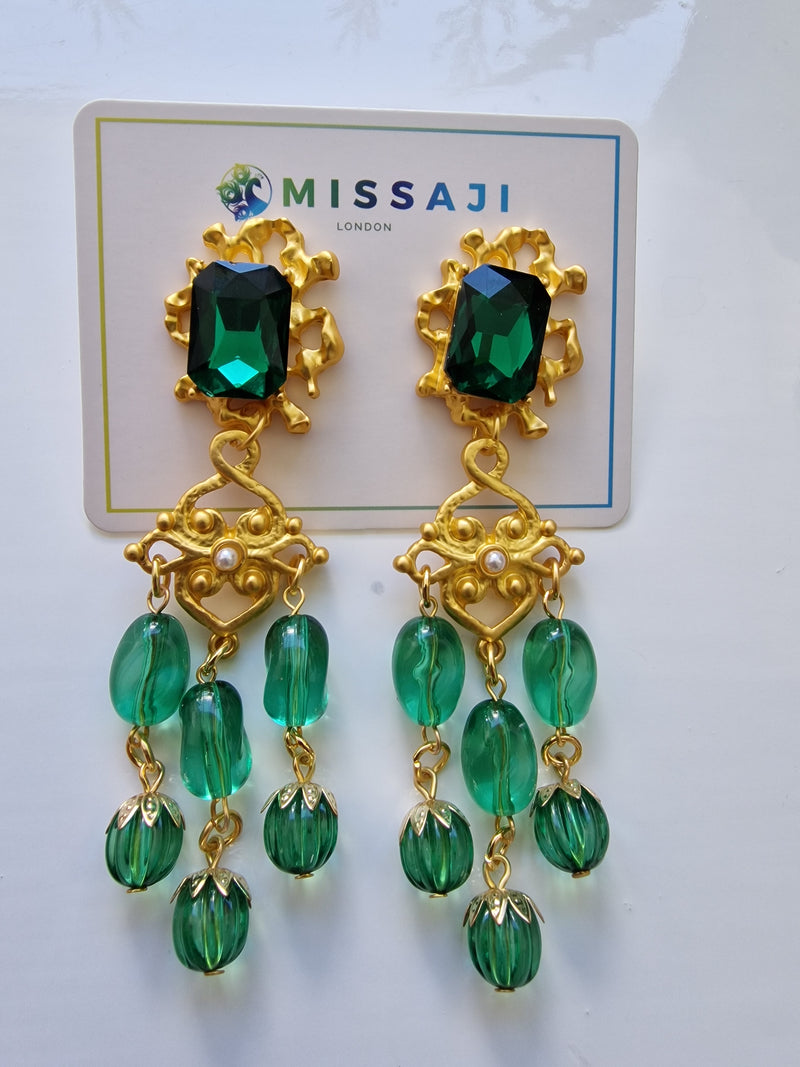 Green and Gold bead drop earrings