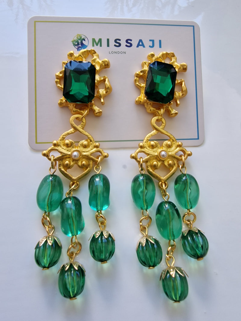 Green and Gold bead drop earrings