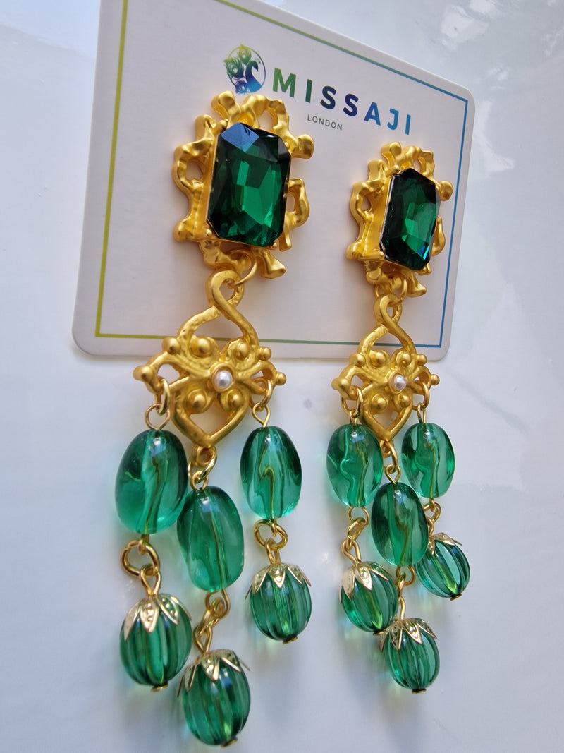 Green and Gold bead drop earrings