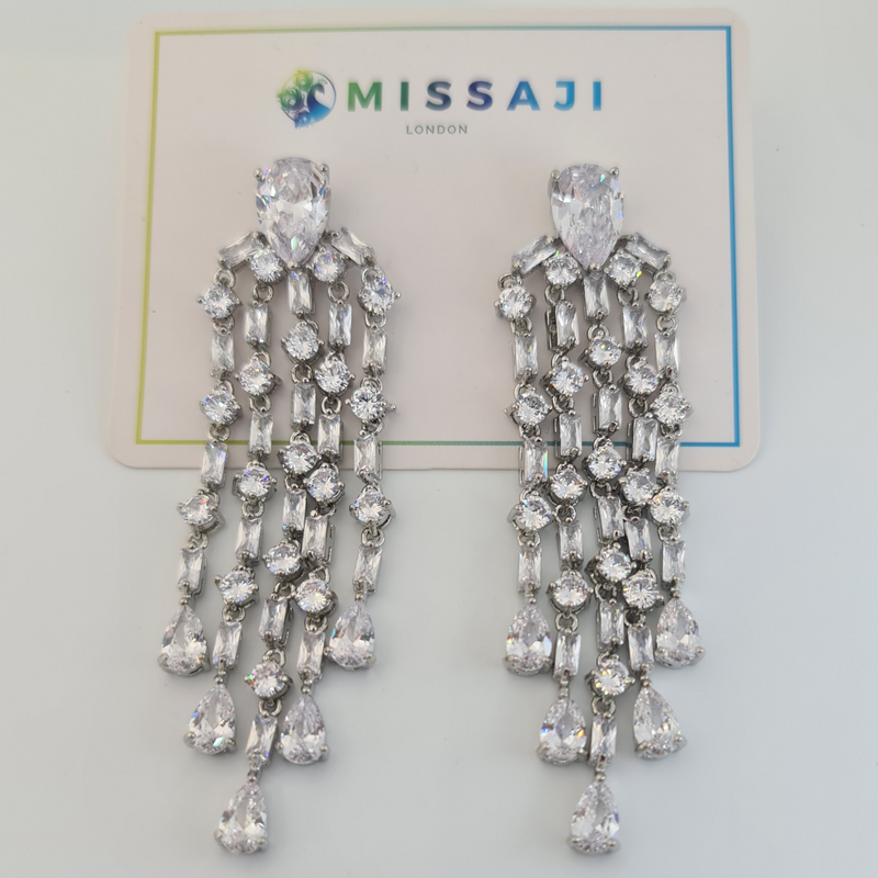 Missaji Diamante Five row silver Bridal Drop Down Fashion Earrings