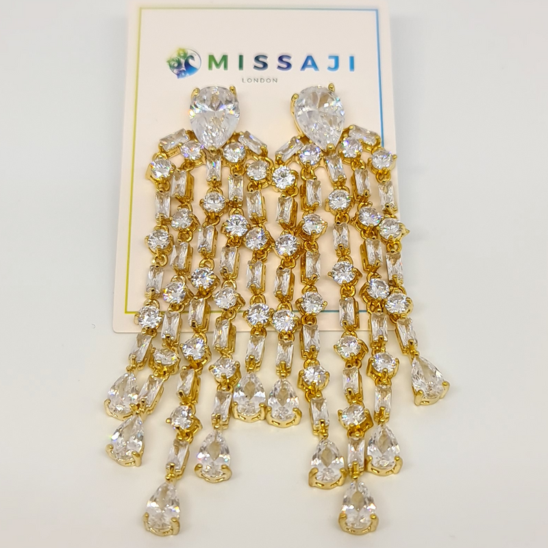 Missaji Diamante Stone 5 line Drop Down Fashion Earrings