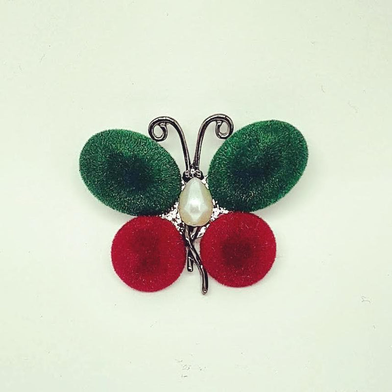 Pink and green suede butterfly brooch