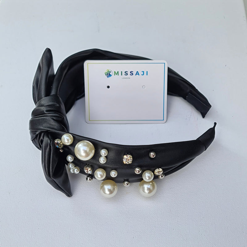 Missaji Pearl and Diamante encrusted Leather feel Headband