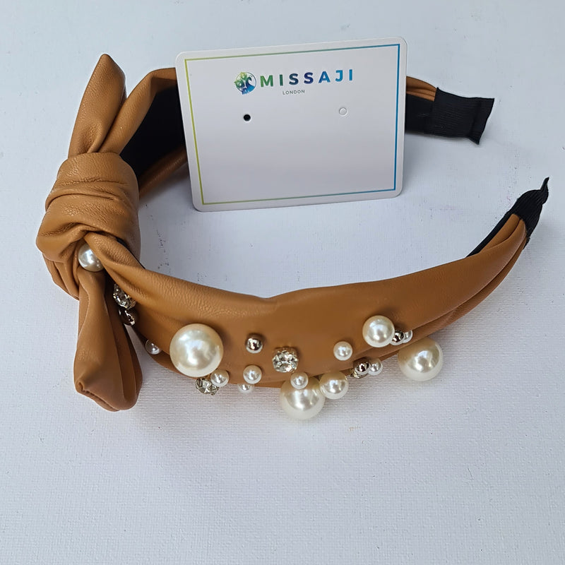 Missaji Pearl and Diamante encrusted Leather feel Headband