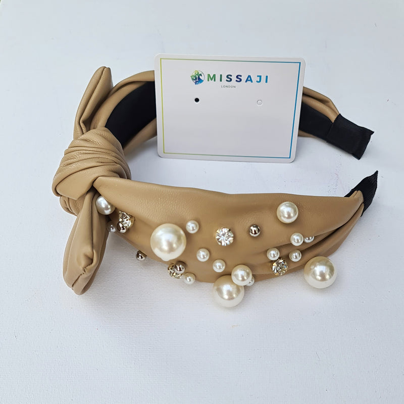 Missaji Pearl and Diamante encrusted Leather feel Headband