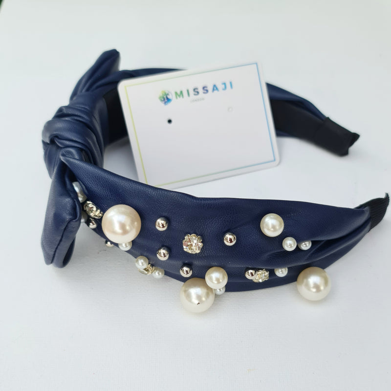 Missaji Pearl and Diamante encrusted Leather feel Headband